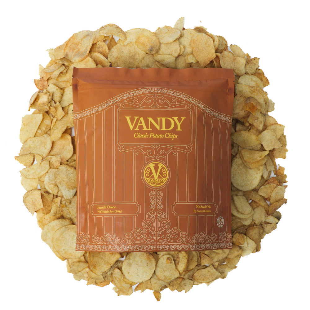 A bag of Vandy French Onion on a pile of chips