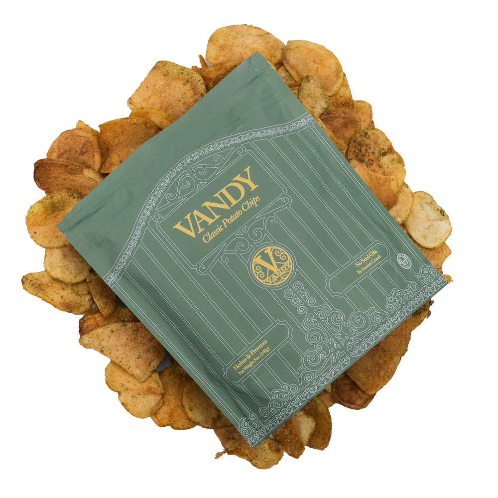 A bag of Vandy Herbes de Provence on a pile of chips