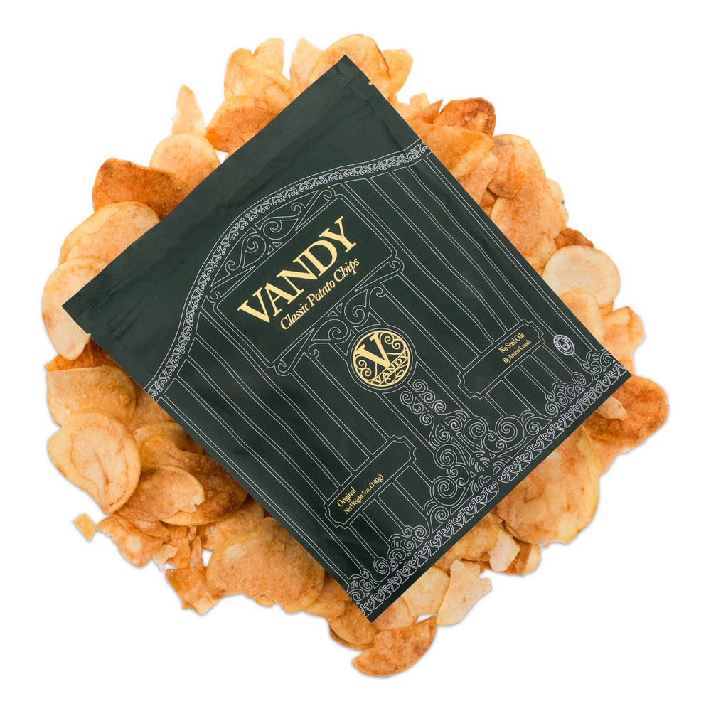 A bag of Vandy Original on a pile of golden chips